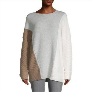 French Connection Oversized Wool Colorblock Sweater Crewneck in Ivory Grey Brown